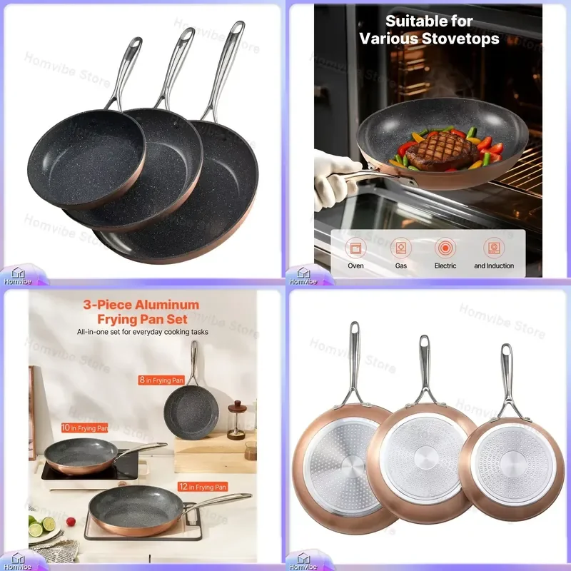 3 Piece Aluminum Frying Pan Set 8 10 12 Inch Nonstick Cookware Set with Ergonomic Handle Heavy Duty Kitchen Fry Pan for