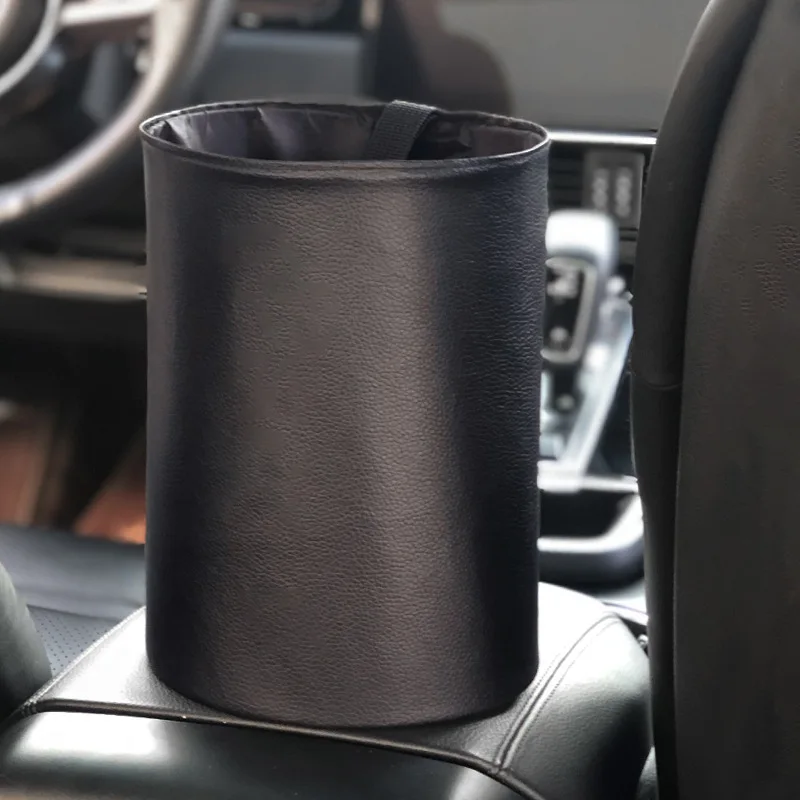 Car Trash Can PU Leather Material Waterproof Foldable Storage Bin Car Mounted Suspended Trash Can Automobile Internal Accessory