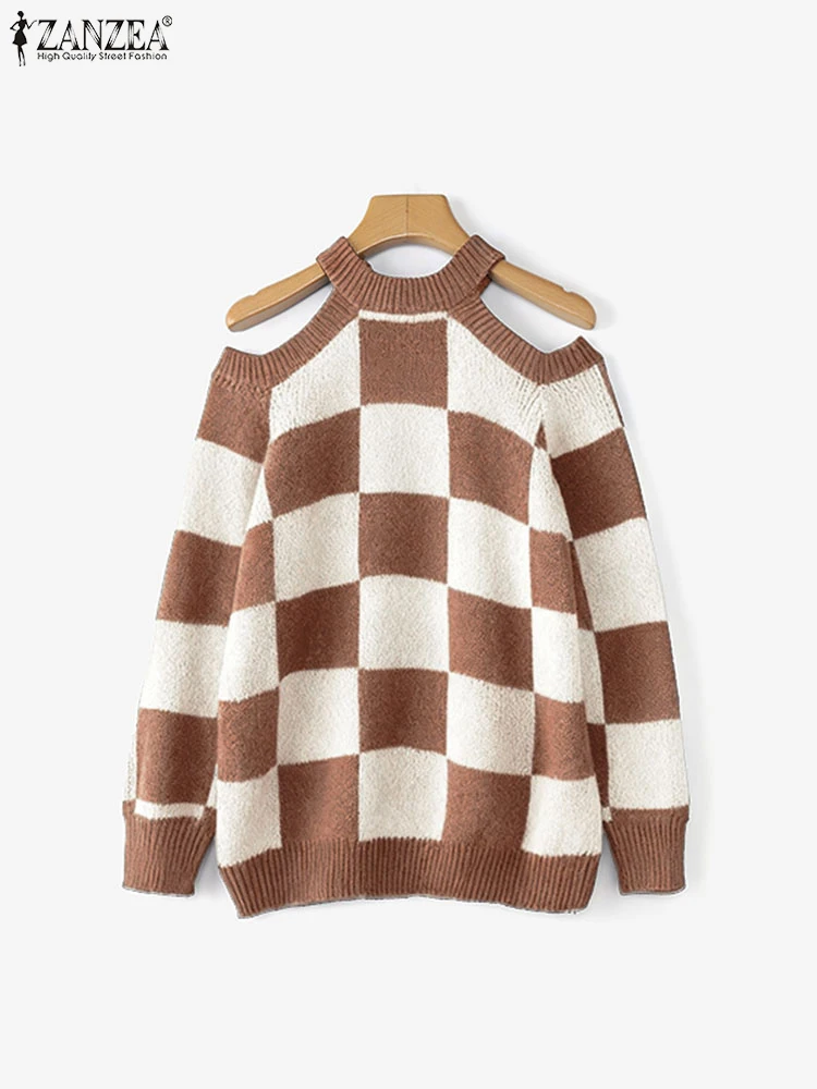 ZANZEA Sexy Spalla Fredda Plaid Pullover Maglioni Donna Autunno Manica Lunga Stampa Maglione Maglieria 2025 Inverno Casual Top lavorato a maglia
