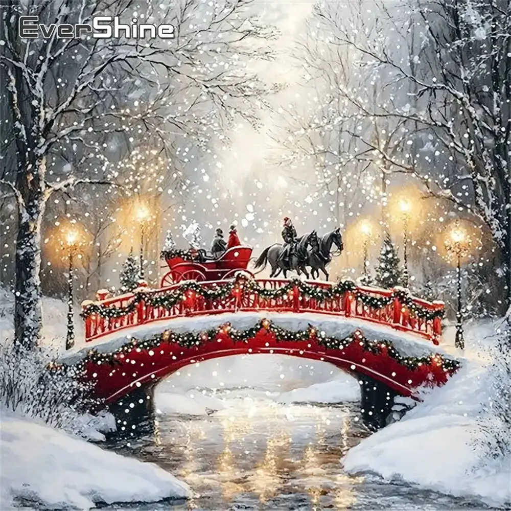 Evershine Landscape Diamond Embroidery Bridge Painting Diycarriage Full Square Round Diamond Mosaic Winter Tree Christmas Gifts