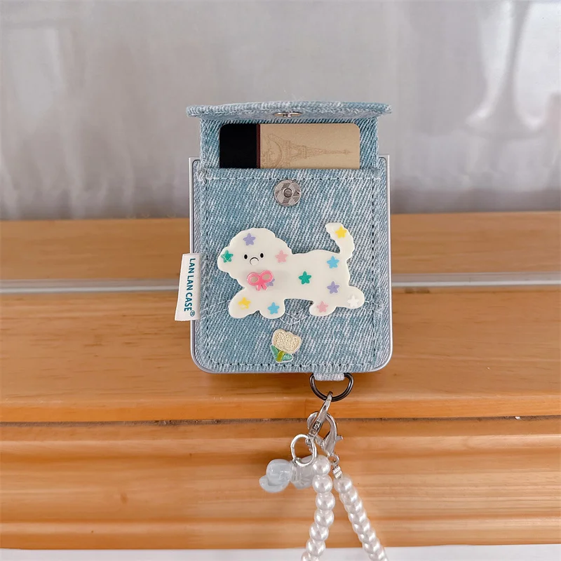 Джинсовый чехол для телефона Kawaii Cat Puppy Card Bag для Samsung Galaxy Z Flip 7 6 5 Flip6 Flip5 с цепочкой, милые чехлы ZFlip7 Funda