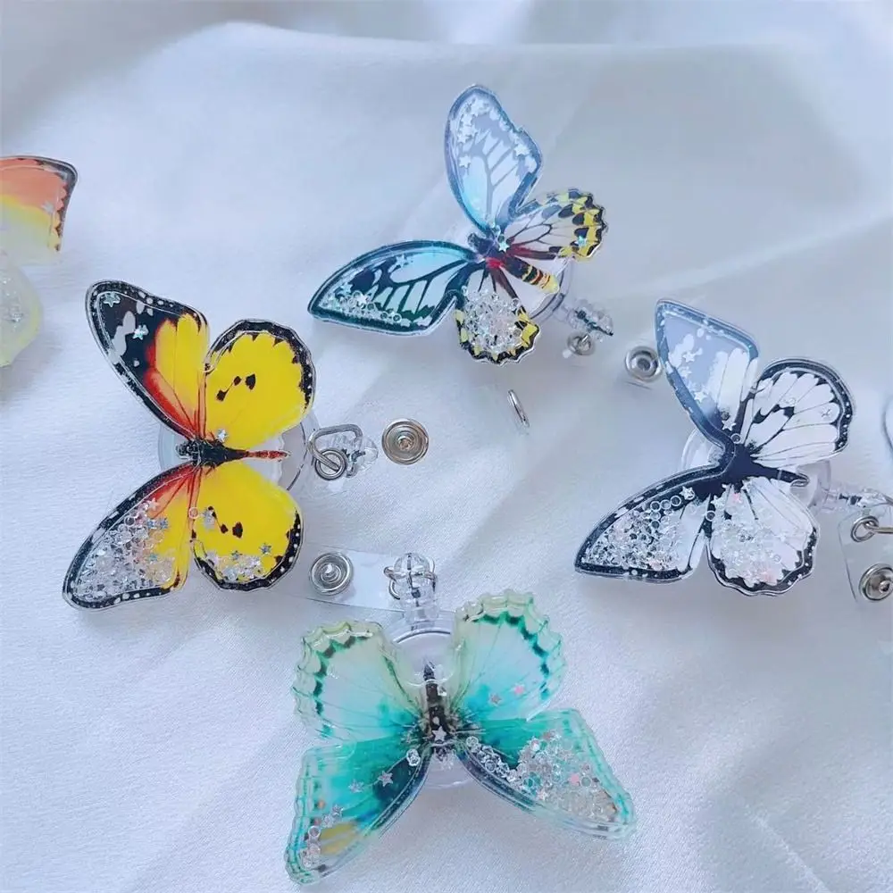 Soporte de insignia de mariposa con cuentas de arena movediza, Clip de tarjeta de identificación giratorio 360, carrete de insignia retráctil, etiqueta de nombre, tarjeta de pecho, suministros escolares de oficina