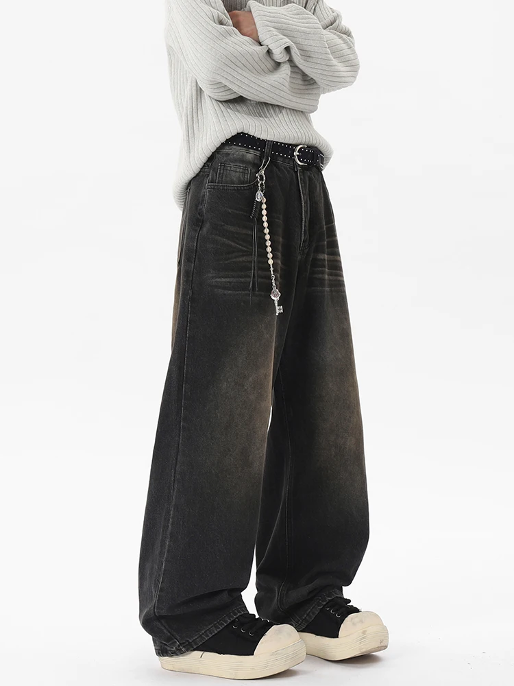 Bla مستقيم الساق الرجال الجينز فضفاض عارضة السراويل الطويلة ربيع الخريف الأمريكية الرجعية شارع العليا ثنى واسعة الساق الدنيم السراويل