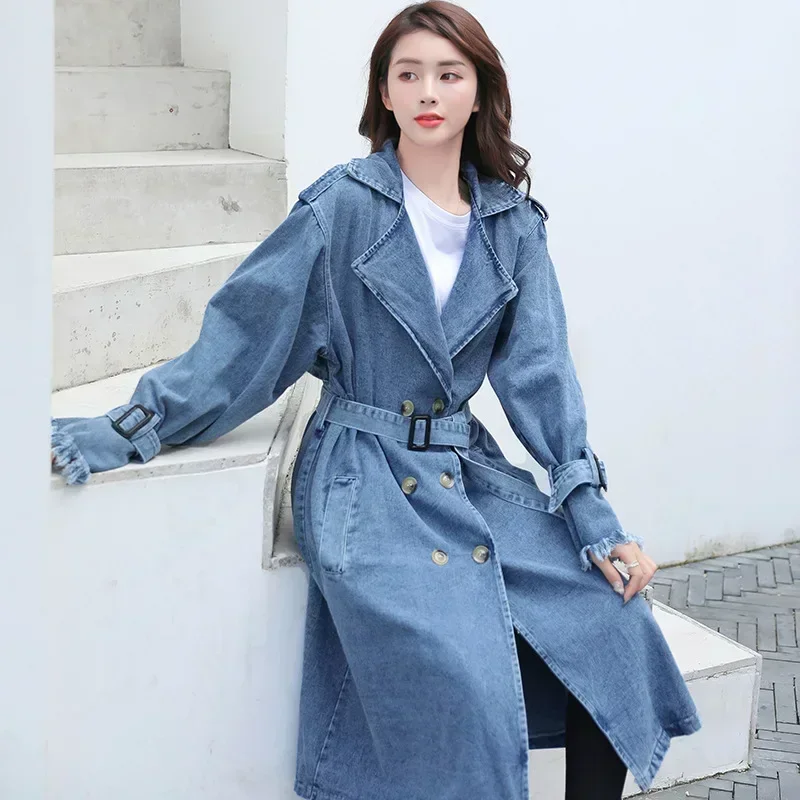 QNPQYX Women's Denim Trench Coat Autumn Double Breasted Belted Casual Jean Overcoat Loose Long Windbreaker Jacket Couple Models