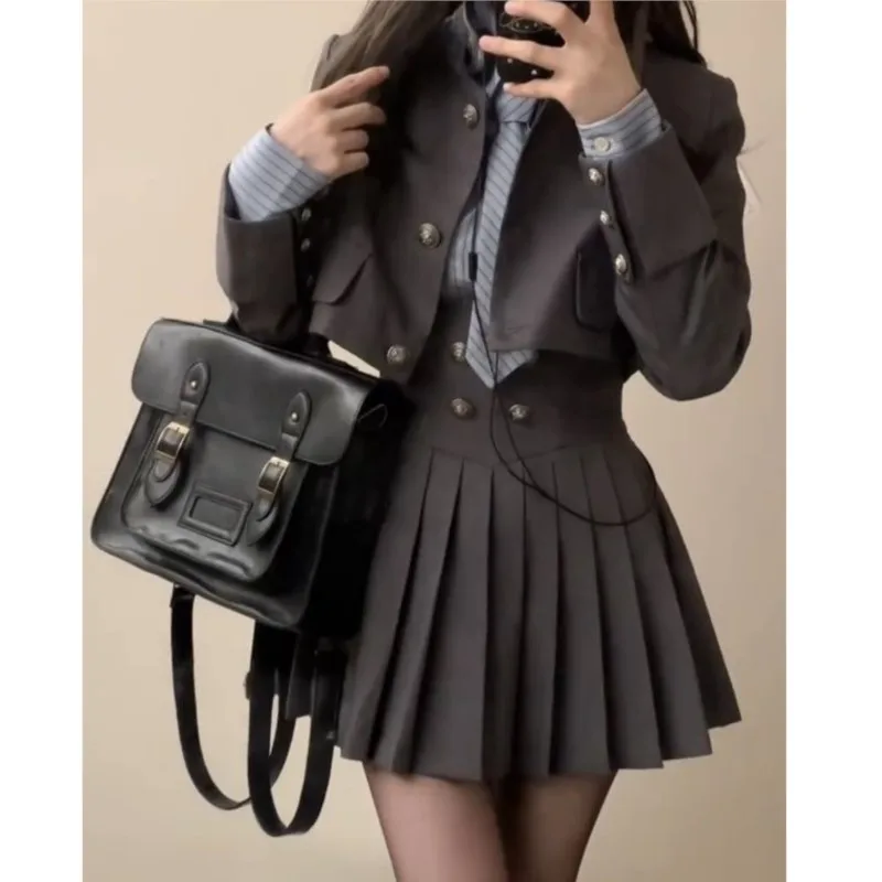 Autumn New 3 Piece Set Women Kawaii Skirt Suits Female Short Coat Pleated Mini Skirt Striped Shirt Y2K Korean Fashion Outfits