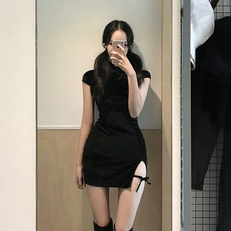 

Ladies' fashionable and casual solid color high neck short sleeved waist bag, hip slit, simple and sexy slim fit dress