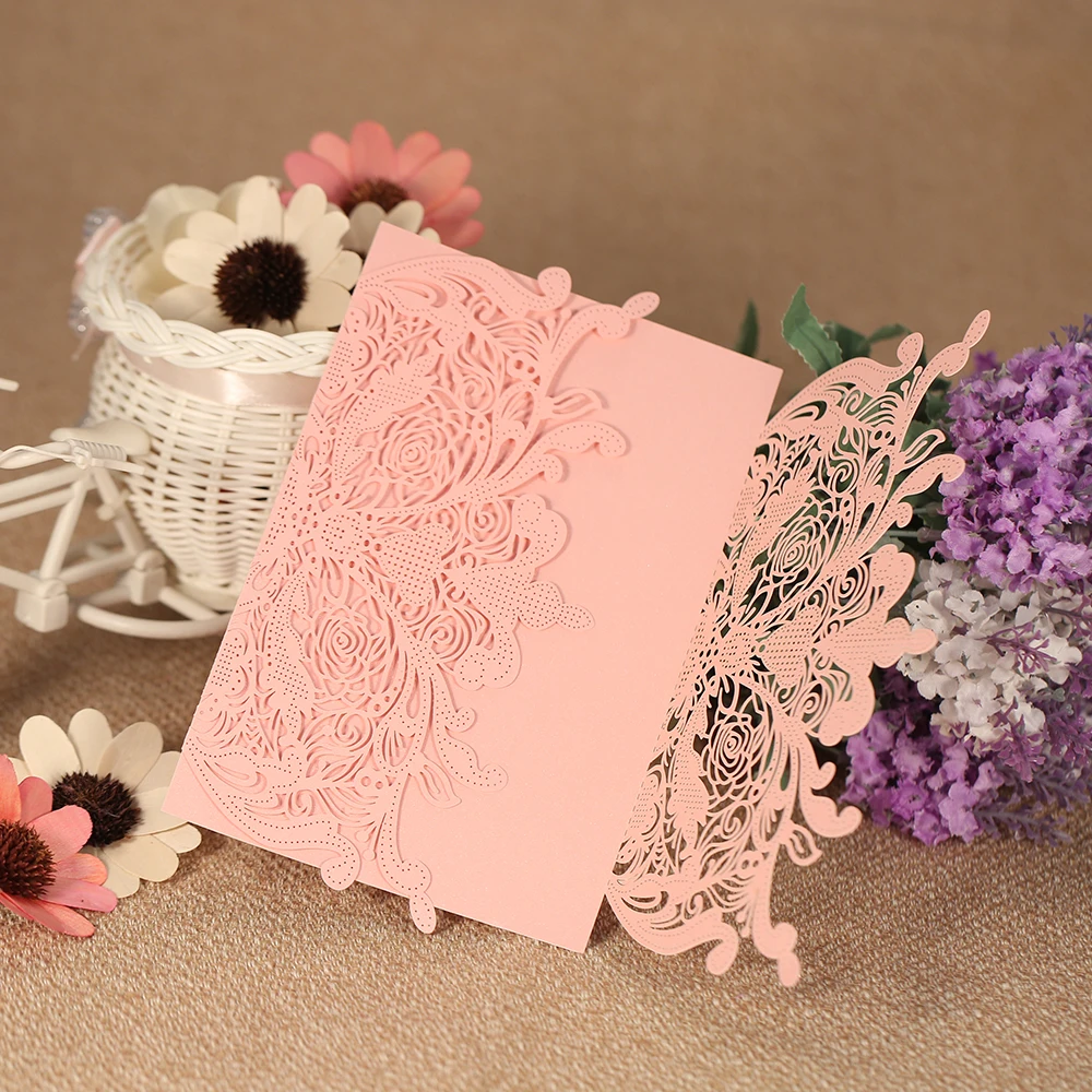 50pcs/pack Laser Cut Wedding Invitation Card 250gsm Pearl Paper Hollow Out Floral Invitations Wedding Birthday Party Cards Q155