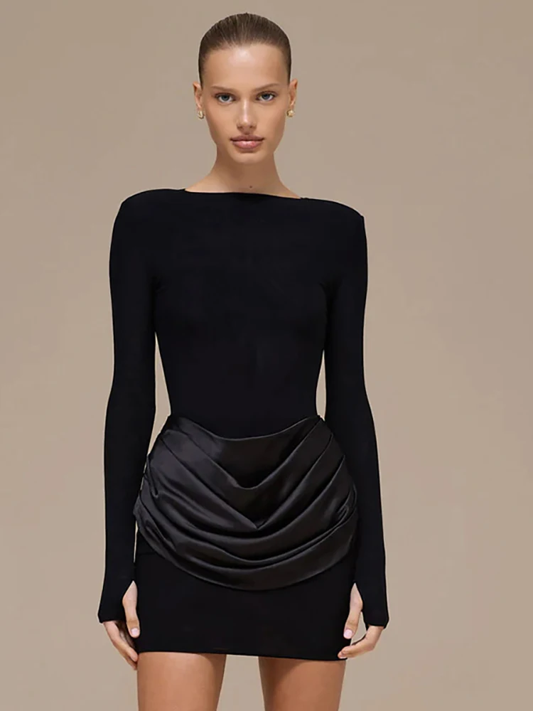 فستان JULISSA MO قصير من الساتان بأكمام طويلة مرقع للنساء بني برقبة دائرية وخصر عالي فستان شتوي نحيف أنيق للحفلات والنوادي #1