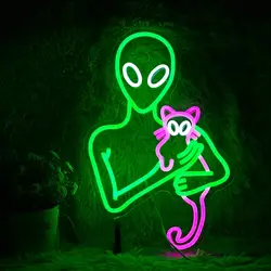 Aliens Cat Neon Sign Funny Green Aliens  LED Neon Light Sign For Art Wall Decorations Game Room Party Birthday Gifts Home Decor