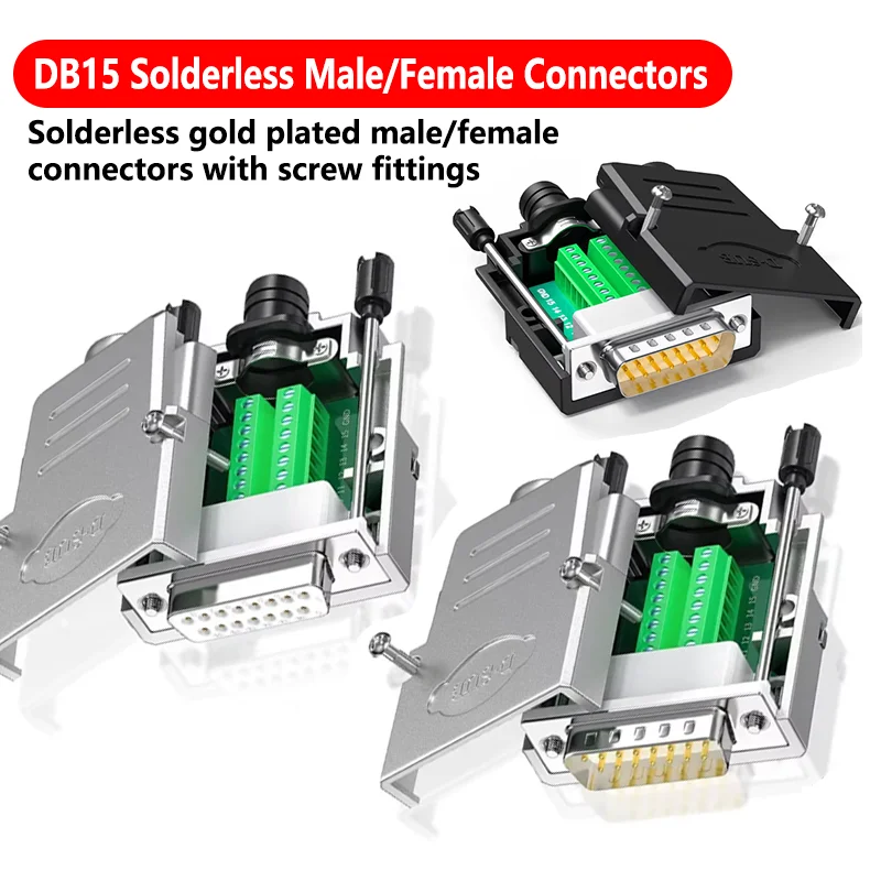 Metal Housed DB15 Solderless Connector 15 Pin Solderless Male and Female Connectors 15P Adapter Cable Terminal Adapter