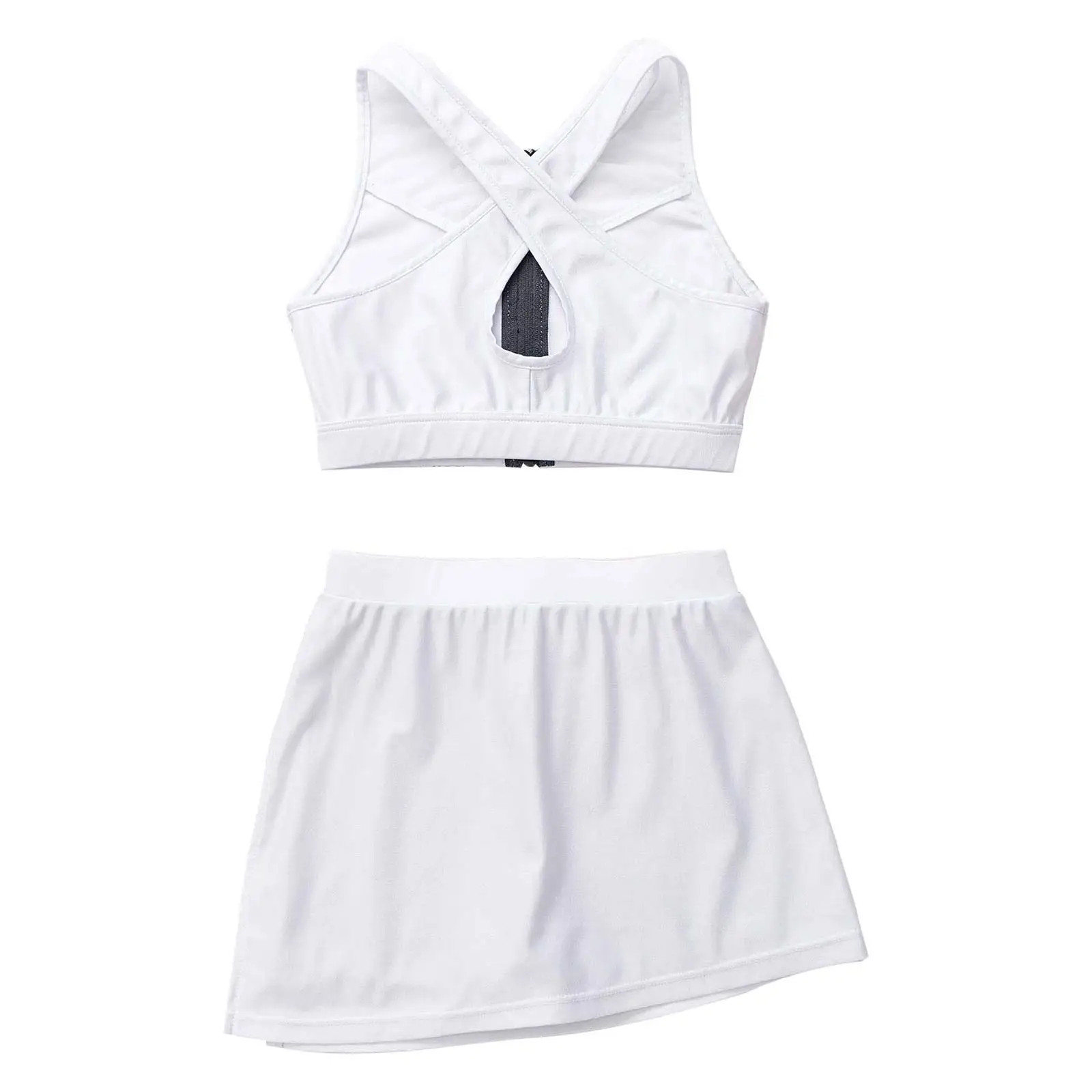 White Kids Girls Tennis Skorts Sets Badminton Golf Sport Suits Mesh Front Zipper Vest Top Split Skirts Set Dance Outfit Costumes