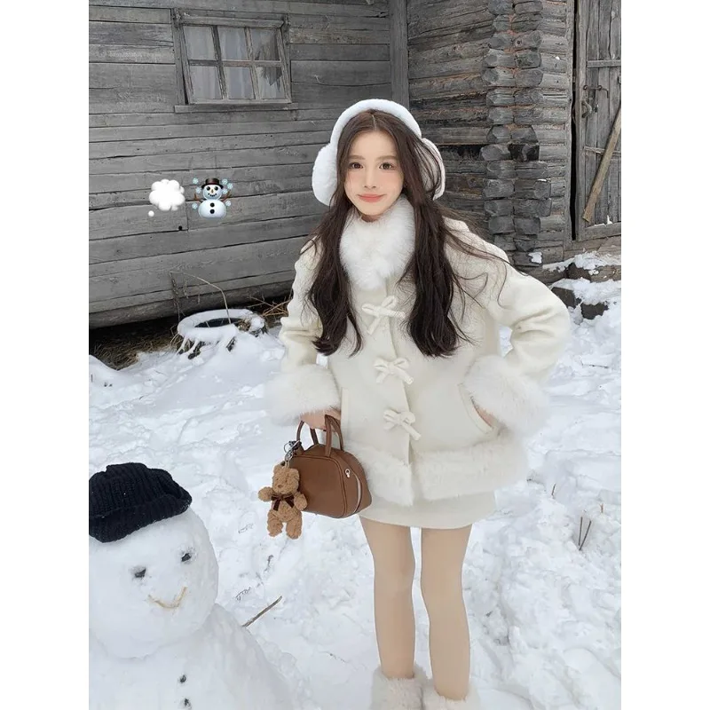 2026 Winter New High-end Fragrant Wind Fluffy Woolen Coat Skirt Two-piece Set Women's Clothing Winter Temperament Commuter Suit