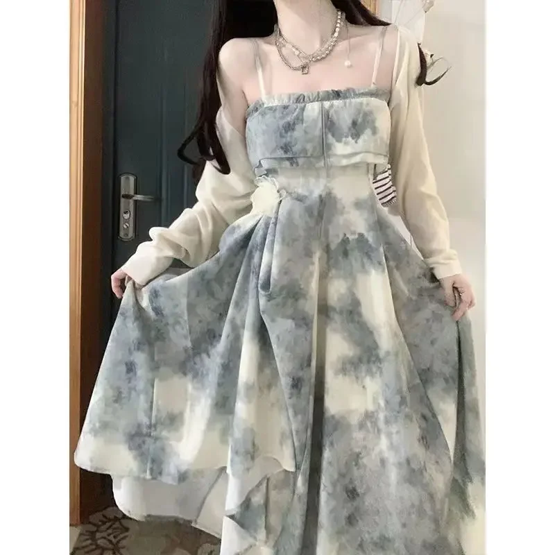 2026 New Loose Dress Women Summer Sunscreen Korean Ink Painting Halter Casual Vintage Dresses Woman