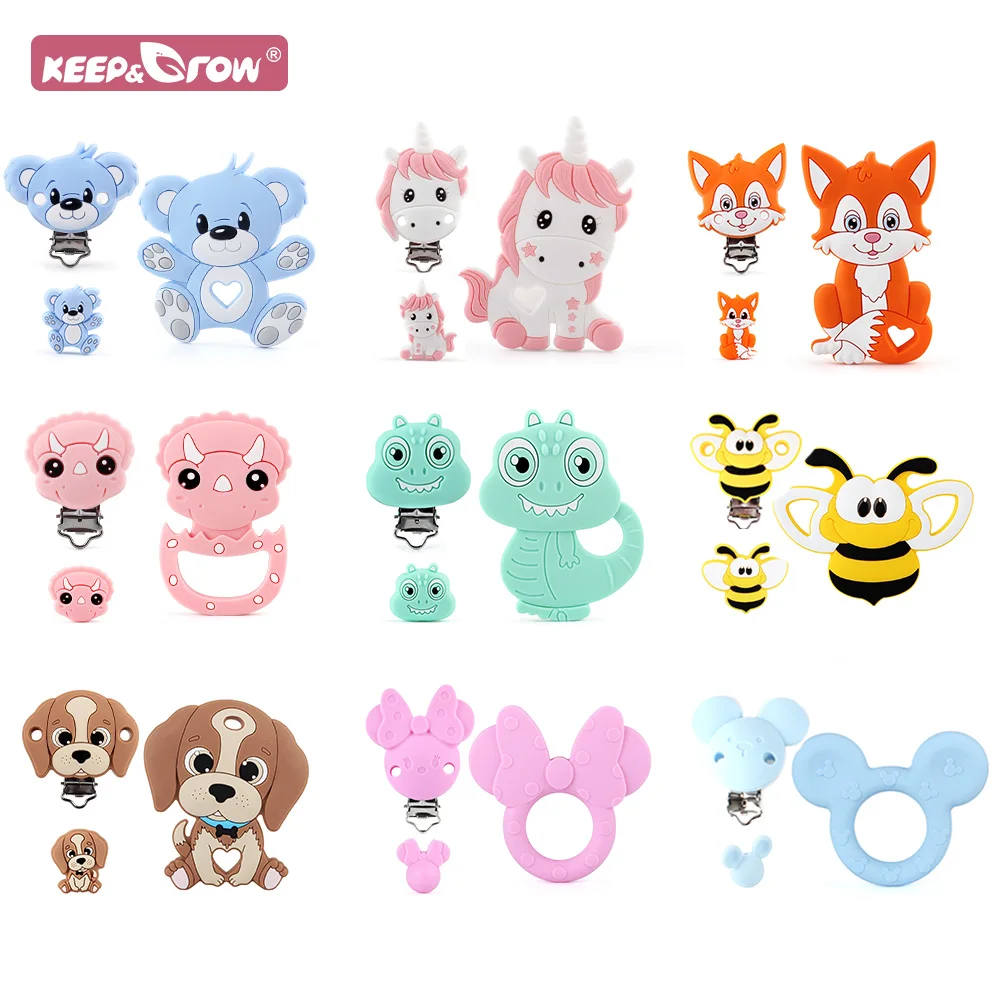 3pcs Set Baby Teethers Silicone Beads Pacifier Clip Bear Mouse Animals Shape BPA Free Teething Toys Pacifier Chain Accessories