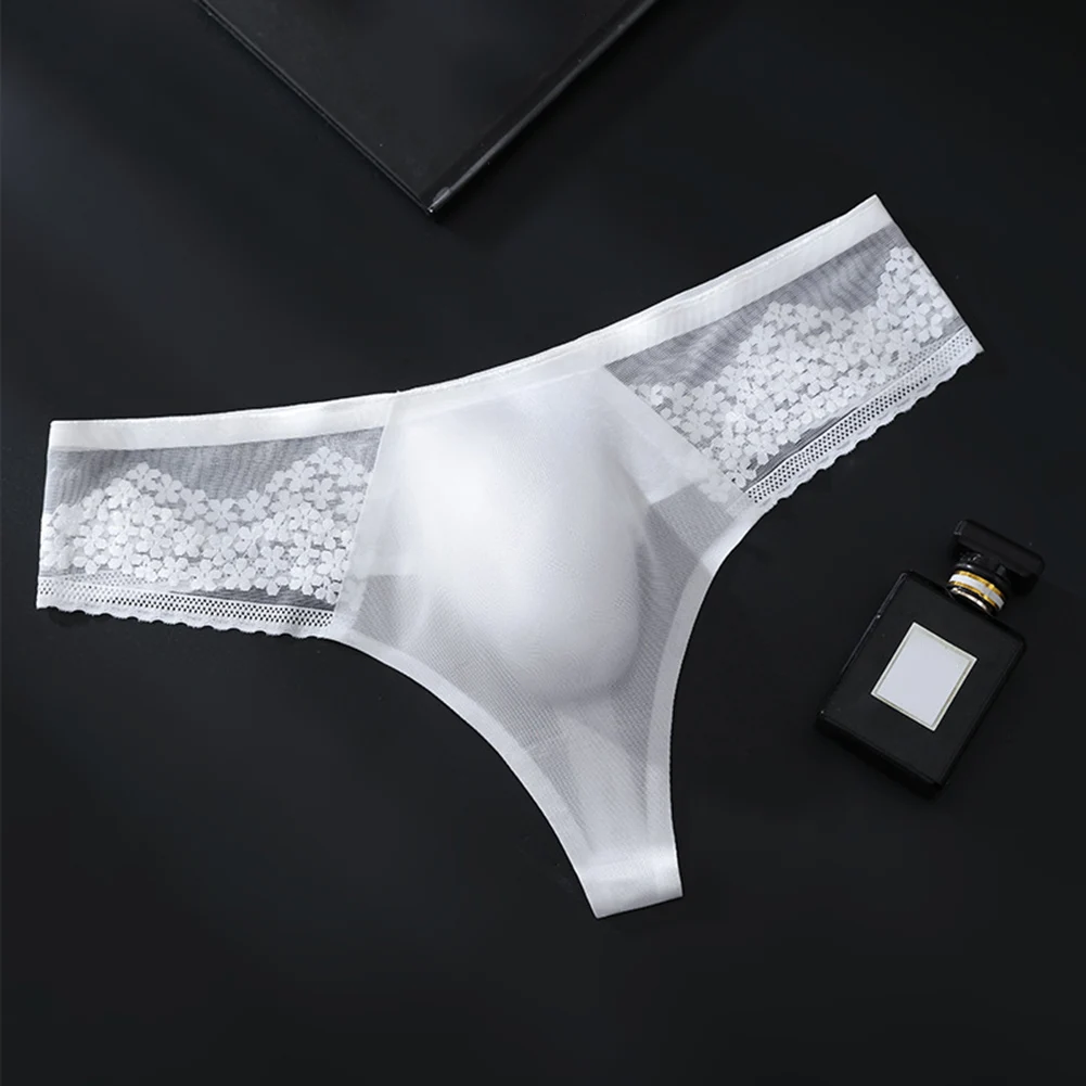 

Men's Seamless Lace Ice Silk G-String Underwear with Thin Fabric and 3D Bulge Pouch Solid Color Breathable Thongs