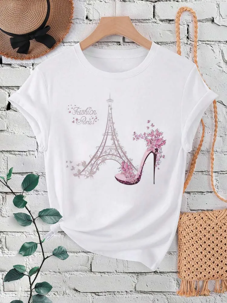 Fashion Paris Eiffel Tower Print Women T-shirt Short Sleeve Crew Neck Casual Top for Summer & Spring Women's Clothing