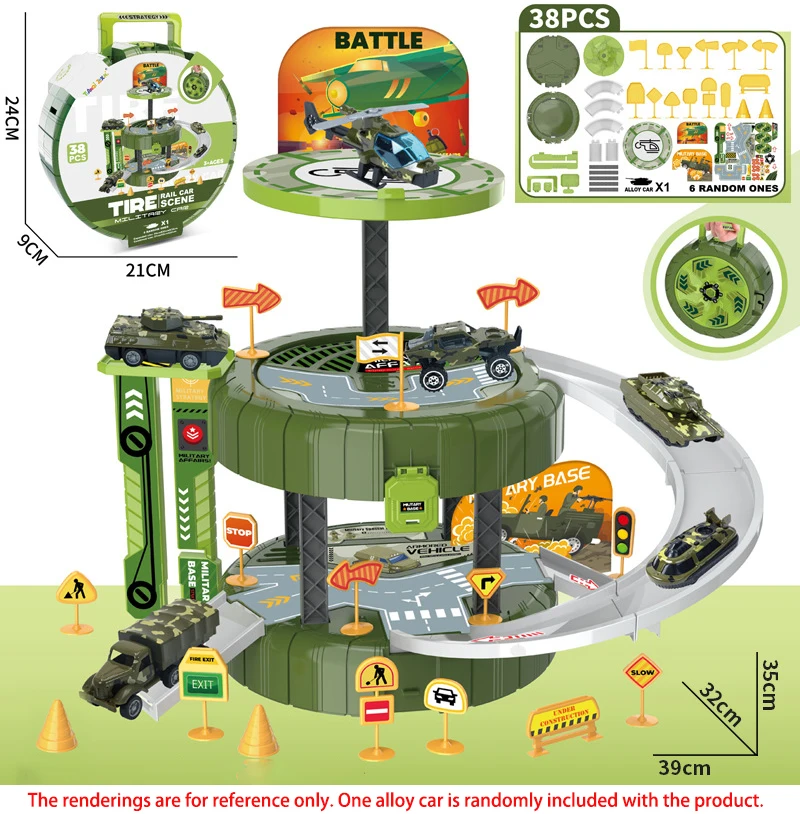 Kids' Pretend Play Sticker Military Vehicle Carry Case Gift Box, Parking Lot Playset Toy For Fun Role-Play Games