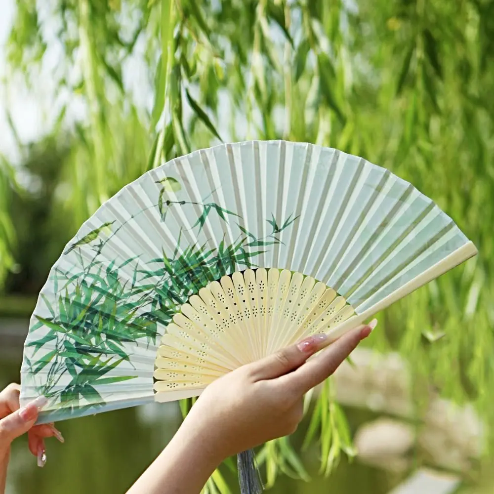 Portable No Deformation Folding Fan Handmade Bamboo Handle Props Fan Handheld Silk Fabric Female