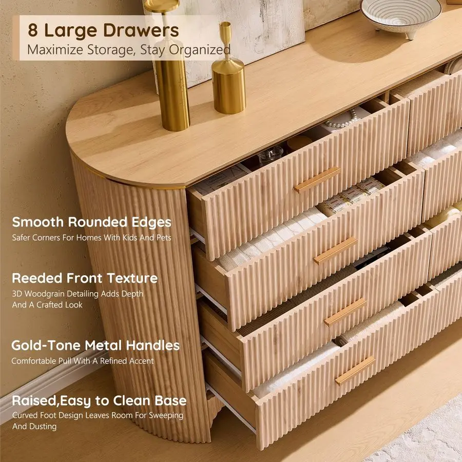 8-lade dressoir voor slaapkamer met gebogen profiel, rietvoorpanelen, 53,9 brede ladekast opbergkast met gladde gl