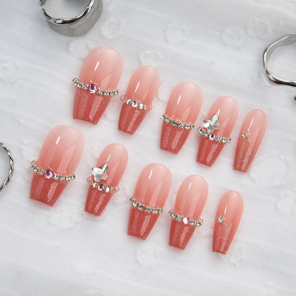 10PCS Handmade Fake Nails Long/Short Press on Acrylic Nails Pink Diamond Nail Tips Art False Nails with Glue Finished Nail