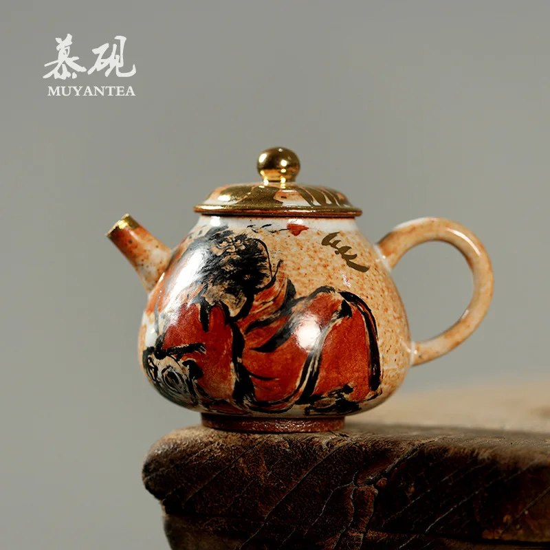 

Mu Yanhe Clay Handmade Shino Ware Hand-Painted Zhong Kui Single Home-Use Wood-Fired Ball-Hole Pot, Vintage Tea Set