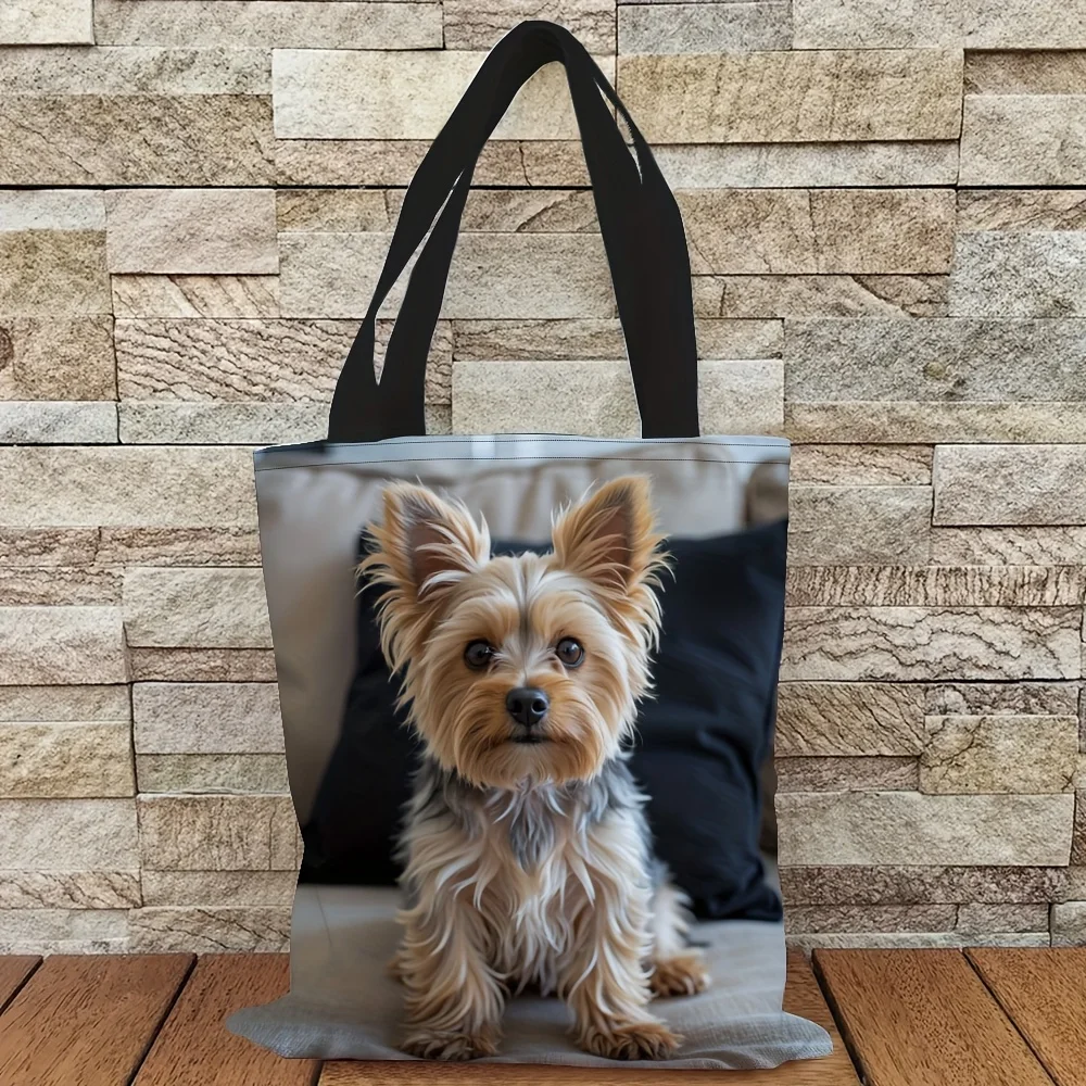 1 Stück schicke Einkaufstasche mit Hunde-Aufdruck, Polyester-Einkaufstasche mit bezauberndem Yorkie-Design, wiederverwendbar für Damen, lässige Schultertasche – Detail 2