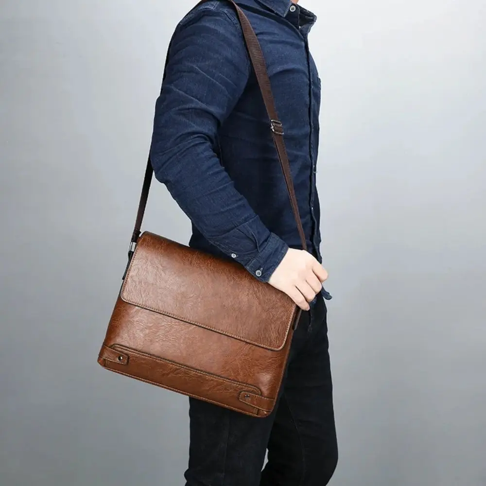 New Casual Men Business Crossbody Bag Retro Briefcase Waterproof Tote Bag Laptop Shoulder Bag PU Leather Computer Bag Travel Bag