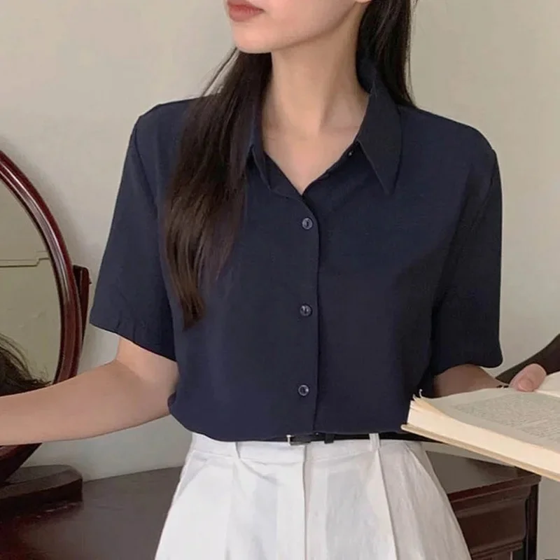Elegant Vintage HongKong Style Chiffon Shirt Women's Short Sleeves Summer New Design Sensibility Niche Loose Fit Simple Versatil