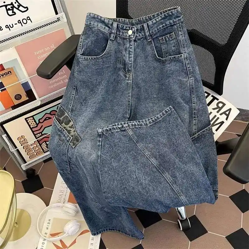 

Women Light Blue Baggy Y2k Leopard Cargo Jeans Harajuku Vintage Denim Trouser Japanese 2000s Style Oversize Jeans Pants Clothes