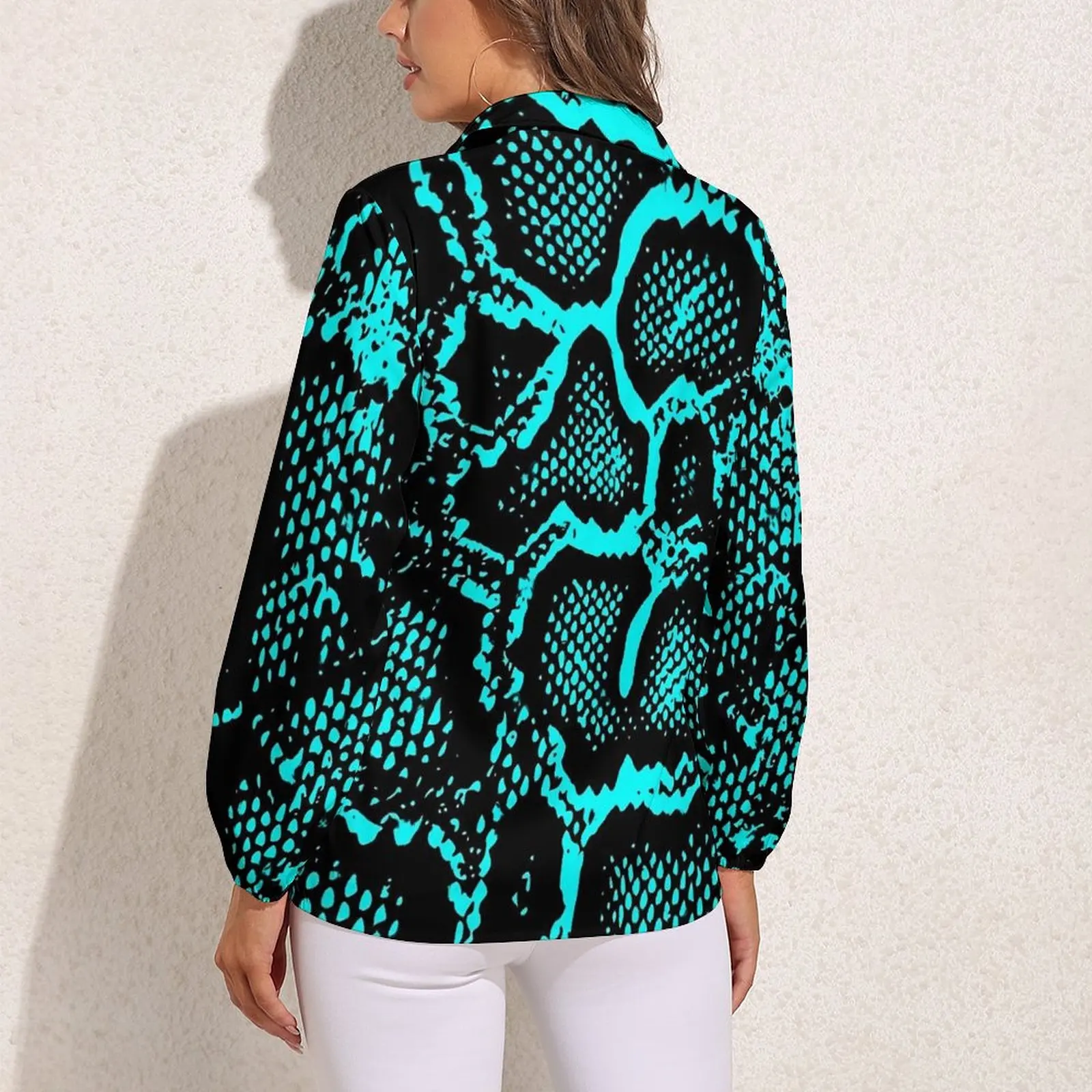 Blue Snakeskin Blouse Long-Sleeve Python Skin Print Vintage Blouses Female Classic Oversize Shirt Graphic Tops Birthday Gift