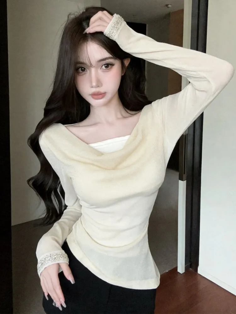 Sexy Diamond Sleeve Design Shiny Thread Women's T-shirt Slim Fit Base Shirt V-neck High Waist Fake Two-piece Autumn Long Sleeve