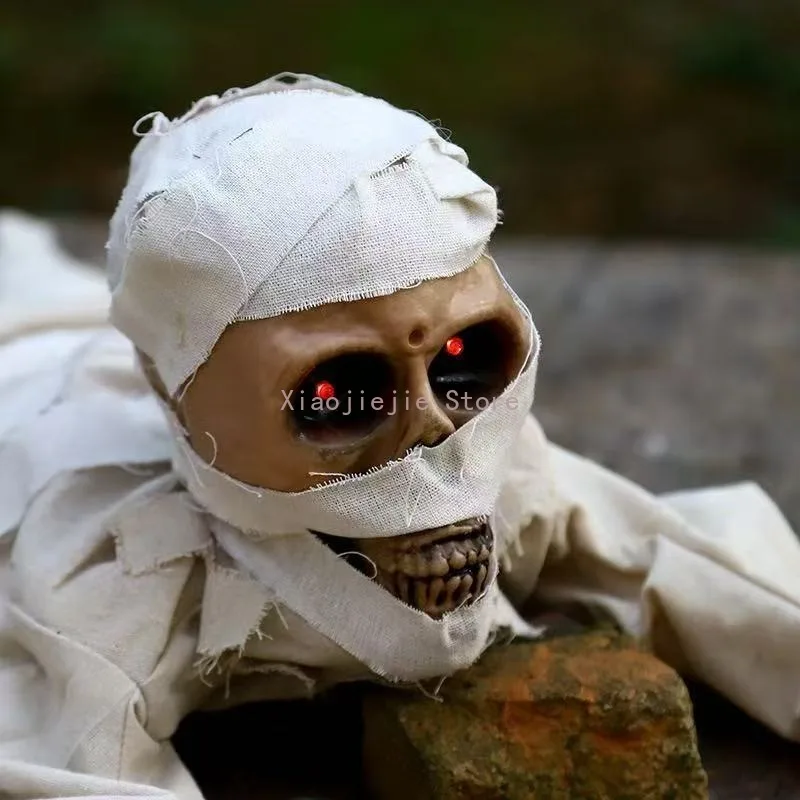 Creepy Animated Crawling Mummy Ornament Spooky Red Glowing-Eyes Figurine Halloween Indoor Party Prop