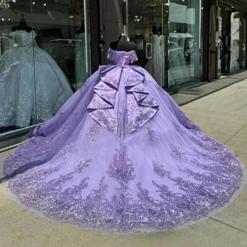 ANGELSBRIDEP Lavender Glittering Quinceanera Dresses With Bow Shiny Lace Vestidos De 15 Anos Birthday Party Prom Customized