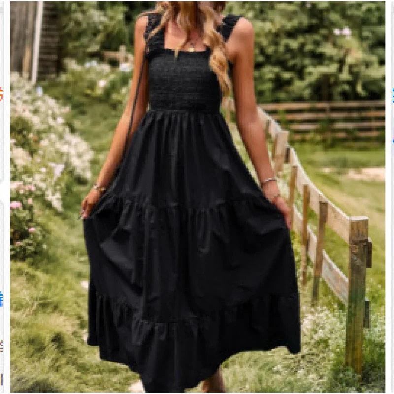 

Spring Summer Sling Dress 2026 Solid Color Ruffled Holiday Skirt Casual Elegant Women's Fashion