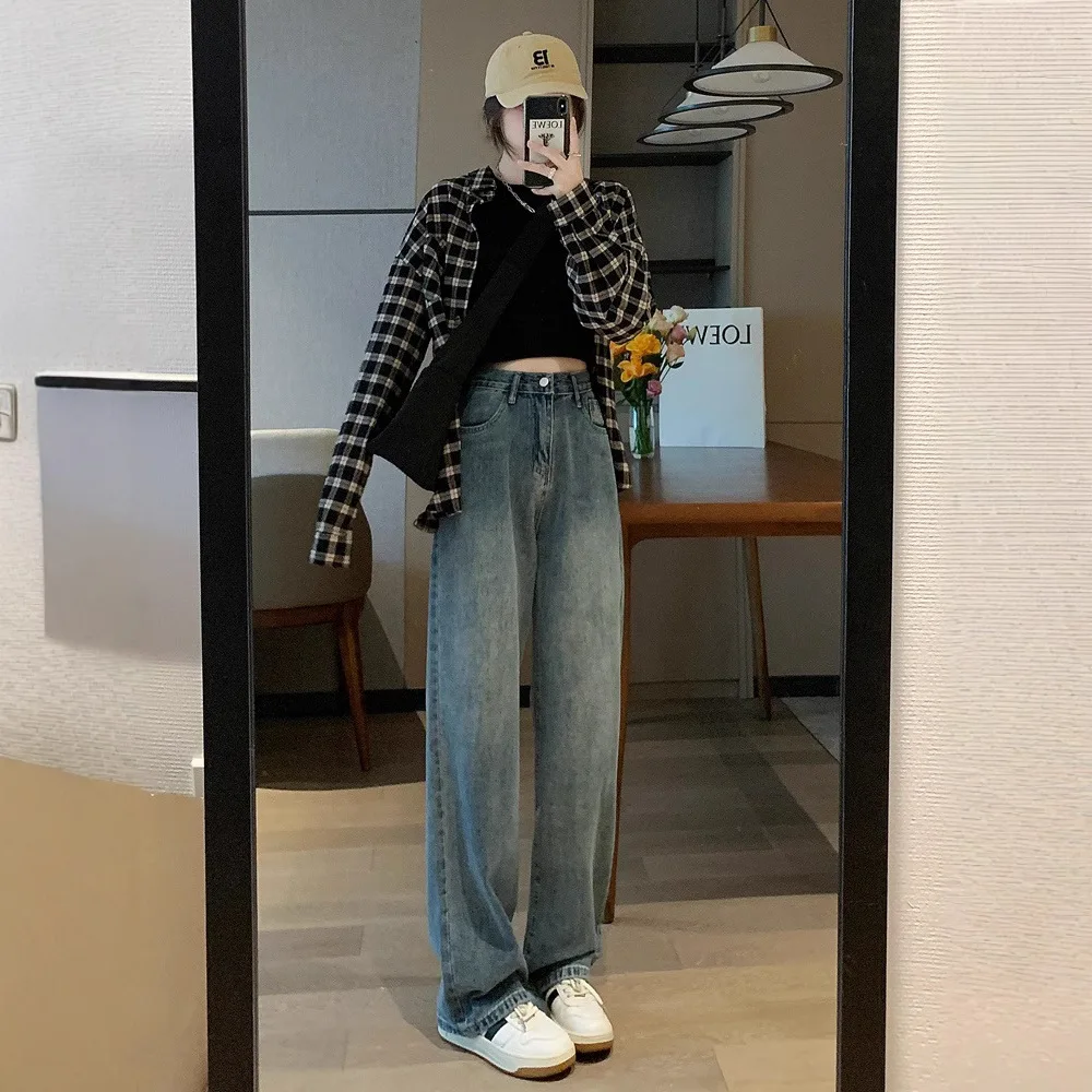 

High Waist Retro Wide Leg Jeans for Women All Seasons Basic Style Loose Fit No Stretch Denim Fabric Folded Detail