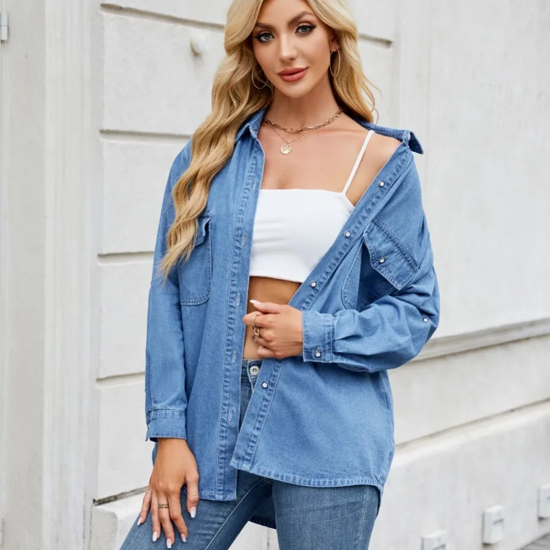 European and American Spring Summer Women's Clothing Amazon Independent Station Washed Adjustable Sleeve Denim Shirt Loose Top