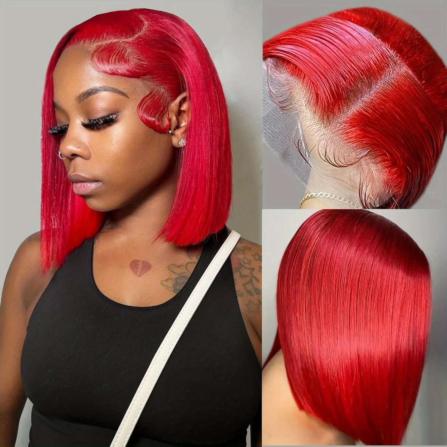 Hot Red Straight Short Bob Lace Front Wigs 10 Inches Synthetic and blend Free Part Daily Party Wear Cosplay Clearance for Women