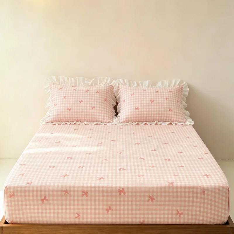 3Pcs Fitted Bed Sheet With Elastic Band Anti-slip Adjustable Mattress Cover ruffles Pillowcase without pillow core