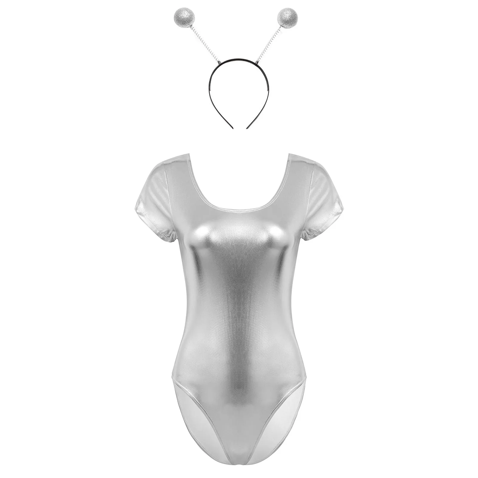 

Silver Womens Alien Costume Halloween Carnival Party Cosplay Outfit Shiny Metallic Short Sleeve Leotard Bodysuit and Hair Hoop