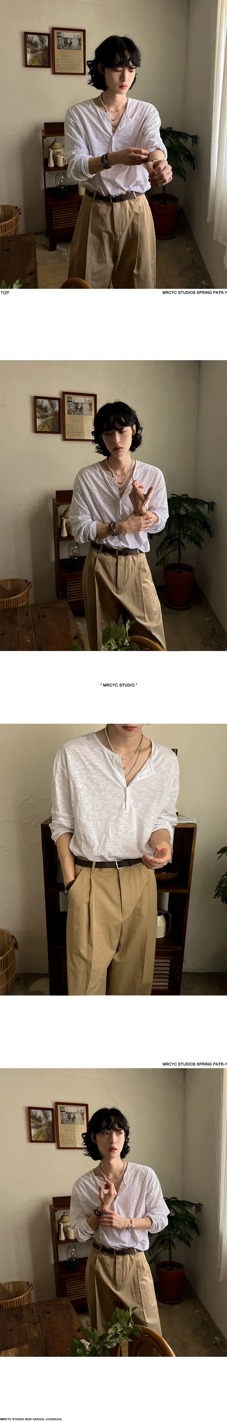 IEFB Korean Style Men's T-shirts Loose Button Design Pullover Tops Casual Solid Color Long Sleeve Male Tees Simple New 9C6913