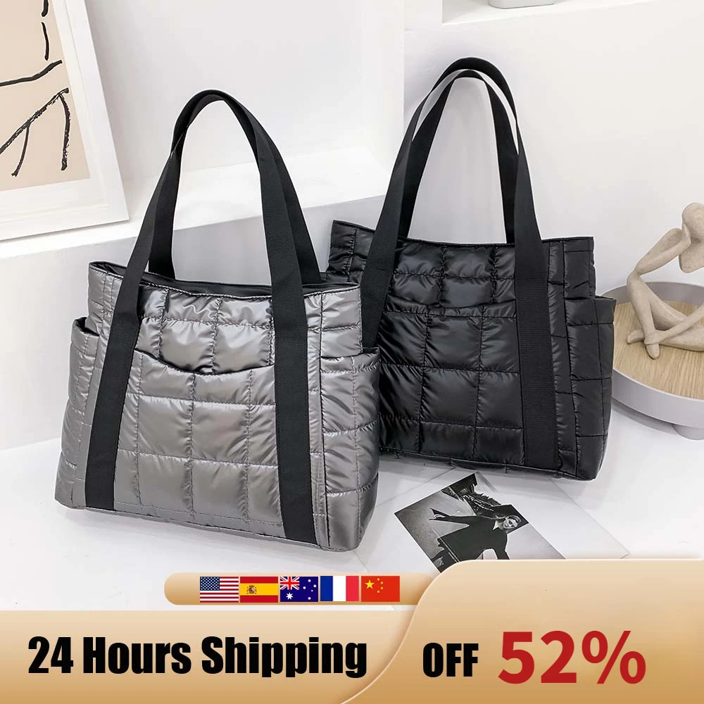 

New Autumn Winter Nylon Women Large Capacity Handbags Casual Quilted Lattice Shoulder Bags Female Solid Color Shopping Bags Tote