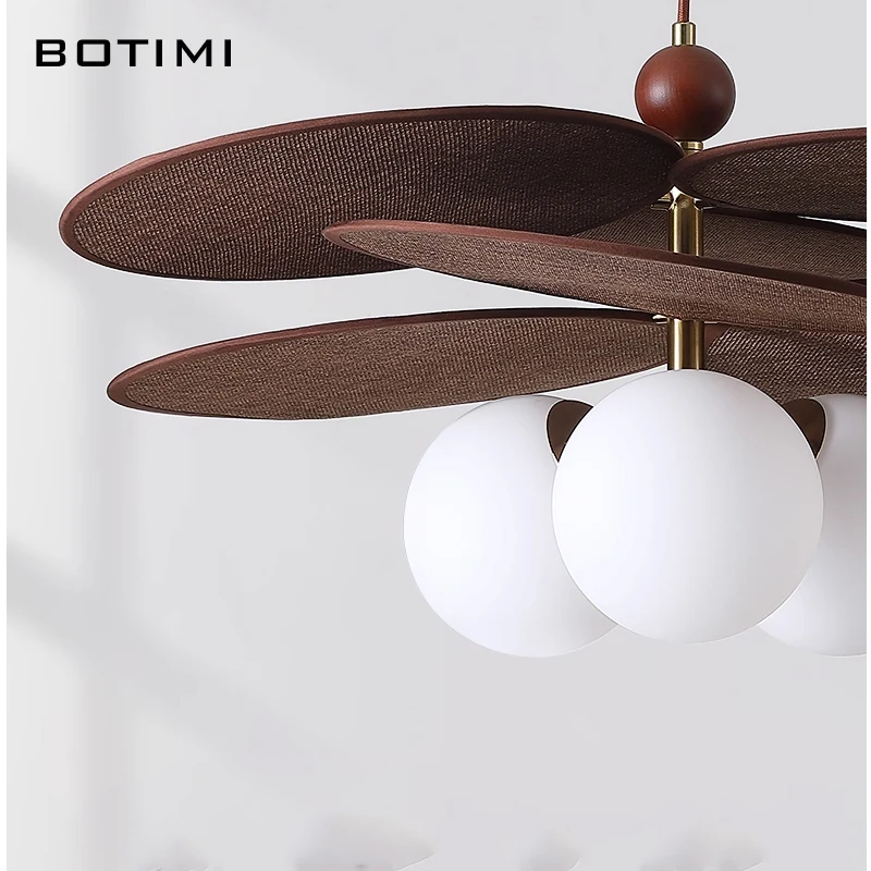 BOTIMI Raffia Pendant Lights With White Ball Glass Lampshade For Dining Room Restaurant Hanging Lamp Single Island Lighting