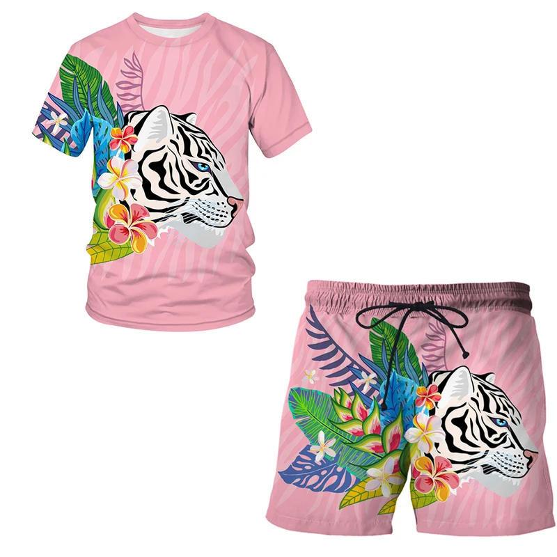

Мужская футболка и шорты, повседневный пляжный костюм в европейском и американском стиле с 3d-цифровым принтом тигра и мультяшными животными, лето 2022