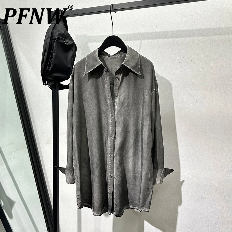 PFNW Autumn Washed Worn Loose Drape Men's Shirt Oversized Trendy Fashion Vintage Casal Gray Top 2024 New High Quality 12C1753