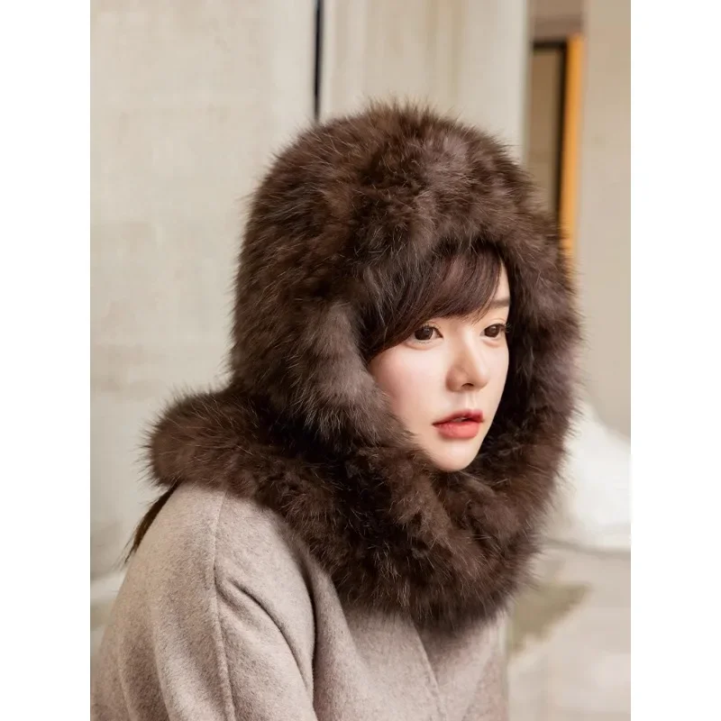 Harppihop sable hat women's winter fur sable scarf with hat integrated fur hat warm and cold scarf