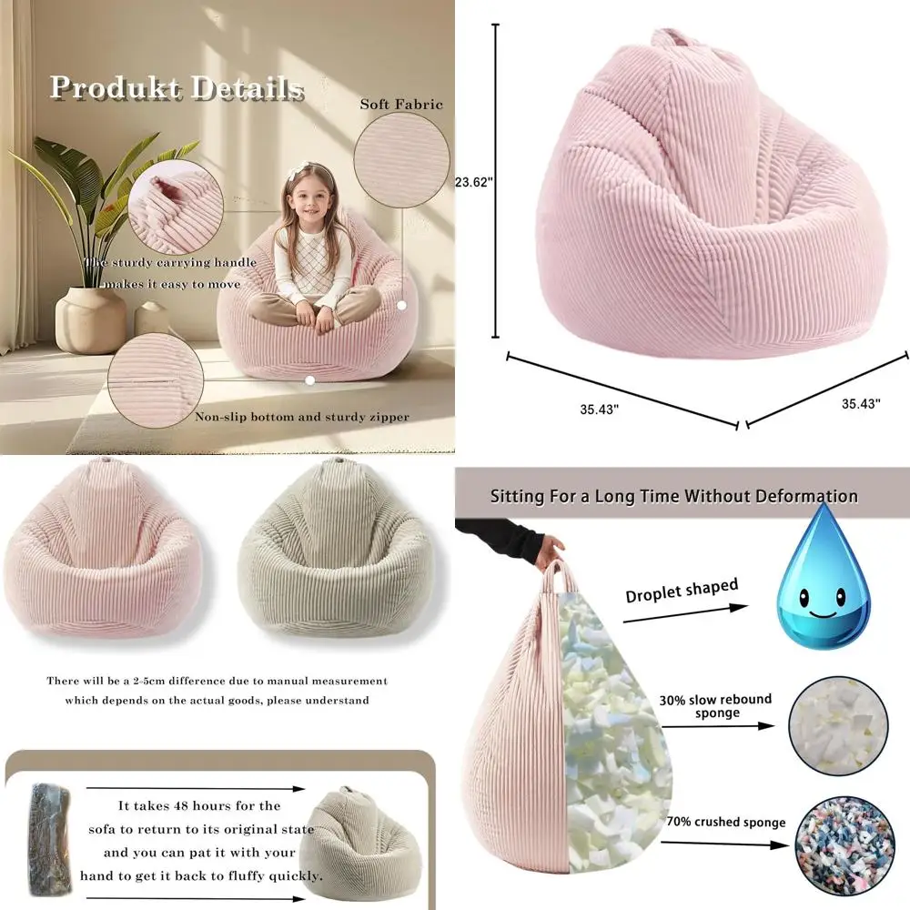 

Memory Foam Bean Bag Chairs for Kids and Teens - Soft Corduroy Fabric, Ideal for Living Rooms, Bedrooms, Dorms, Reading - Light