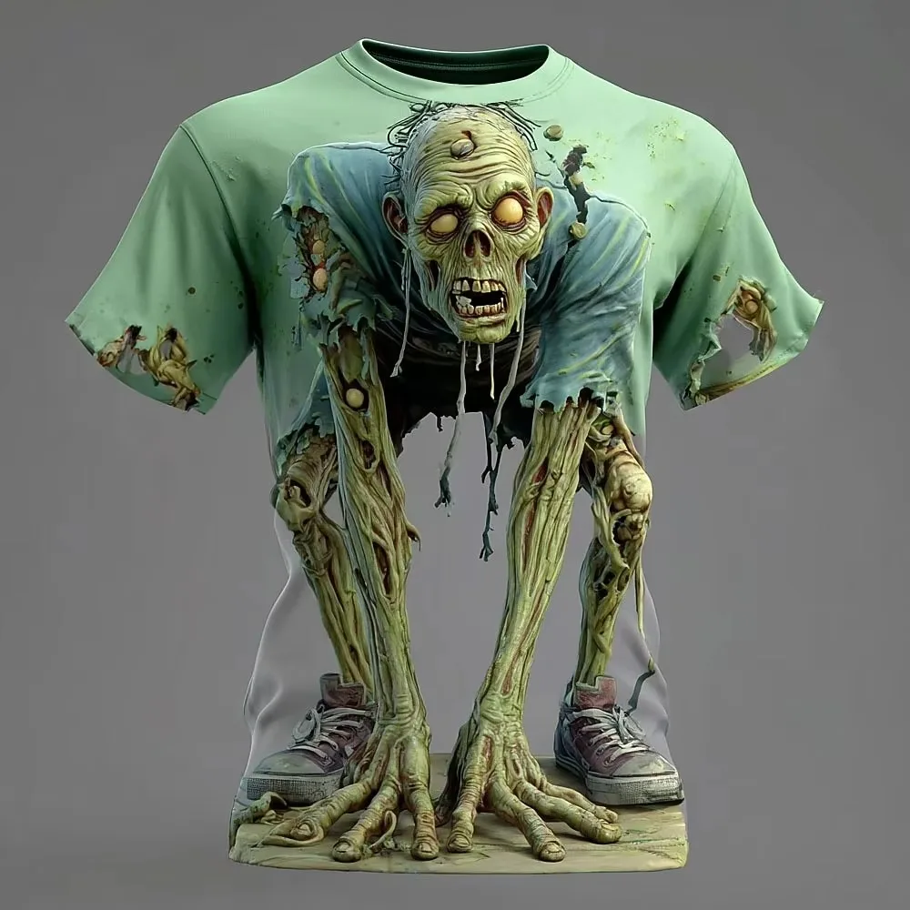 Horror Zombie Breathable 3D Printed Halloween Visual Illusion Men's T-Shirt Outdoor Street Role-Play Casual Short-Sleeved Shirt