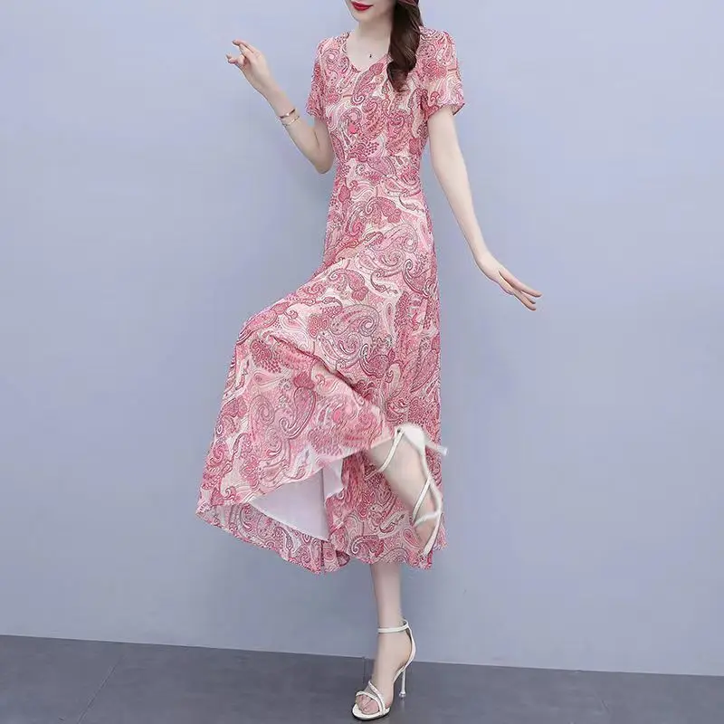 2023 New Summer Fashion Trend Commuting Simple and Elegant V-neck Printed Waist Covering Belly Temperament Women's Long Dress