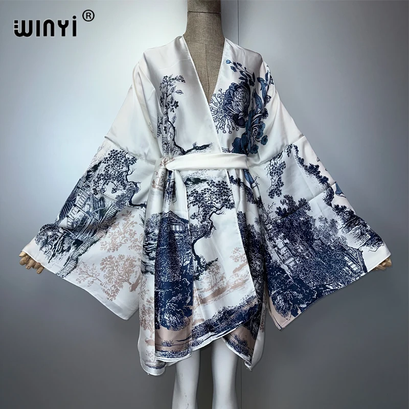 WINYI Sommer Kimono Strand Outfits Frauen Badeanzug Cover Up Boho Strickjacke Stich Selbst Gürtel sexy Urlaub Langarm Print Mantel