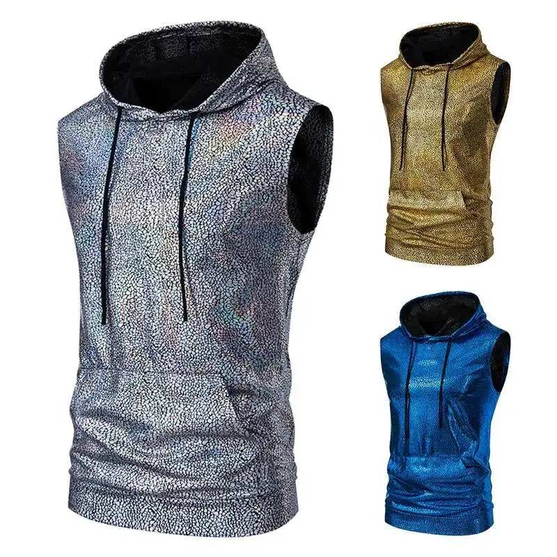 T-shirt Summer New European Men's Size Solid Color Shiny Surface Hot Stamping Performance Suit Sports Hooded Men's Vest Shoulder